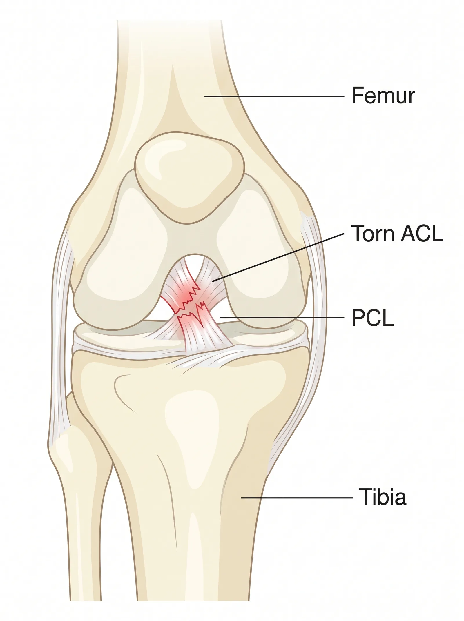 Labeled medical illustration of acl tear