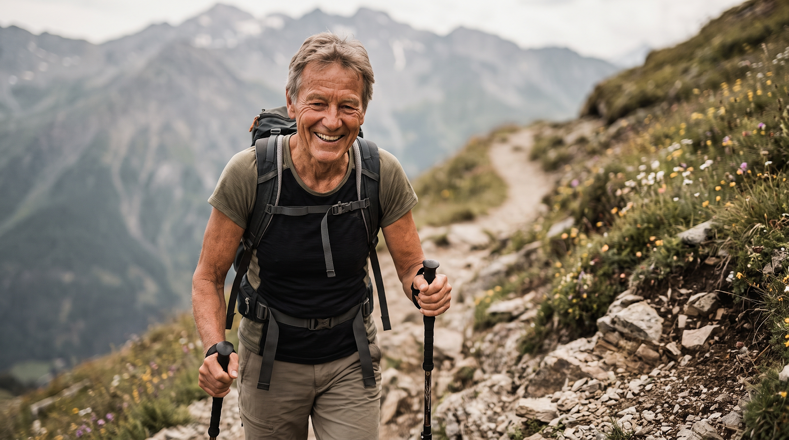 Older adult hiking with trekking poles