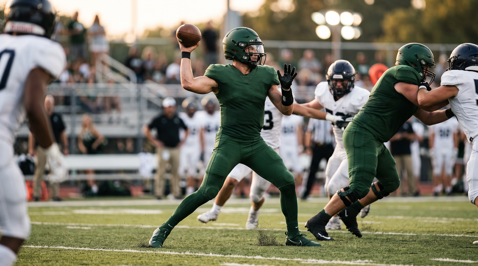 High school football quarterback throwing a pass during a game