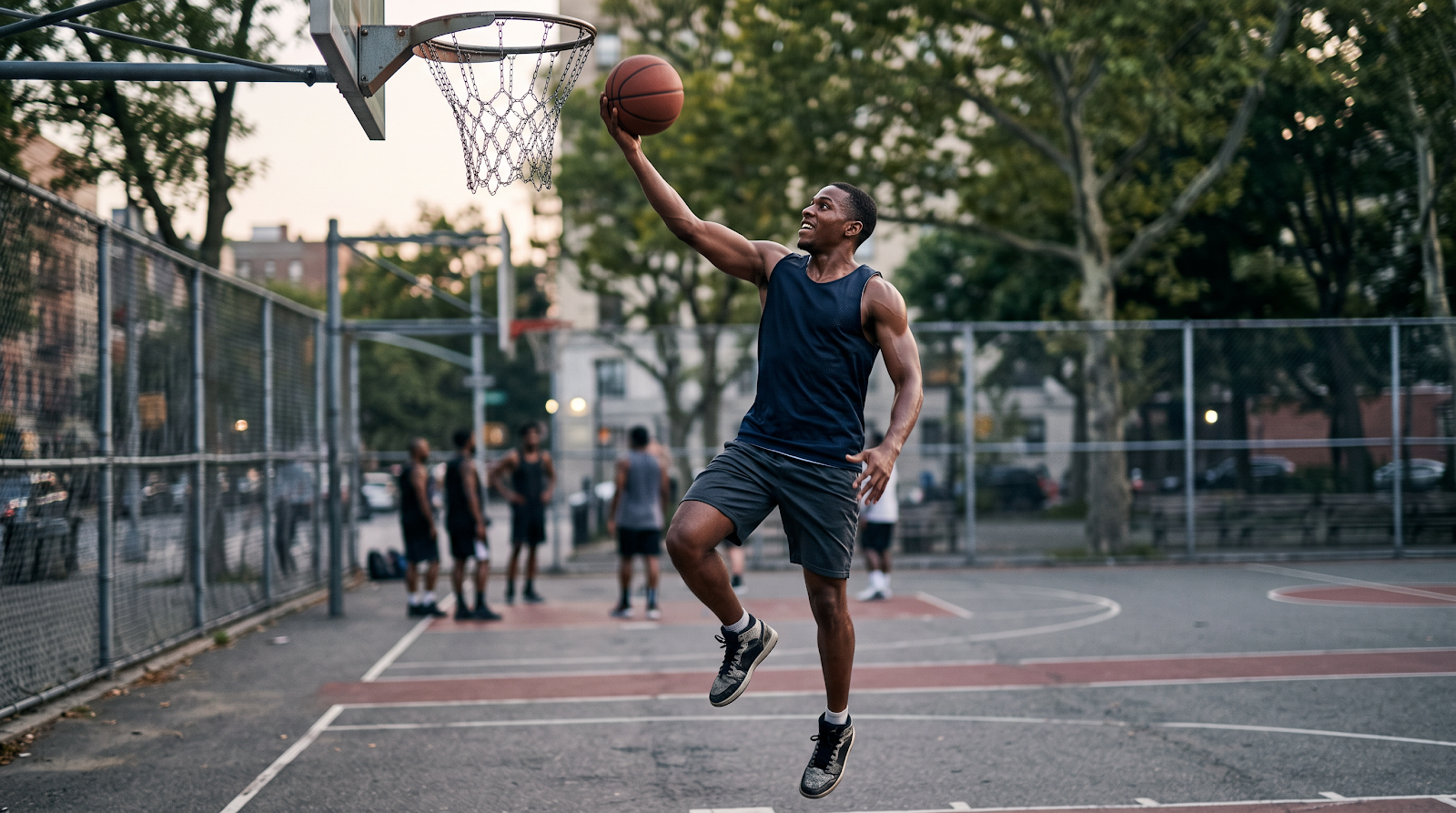 Basketball player rising for a layup