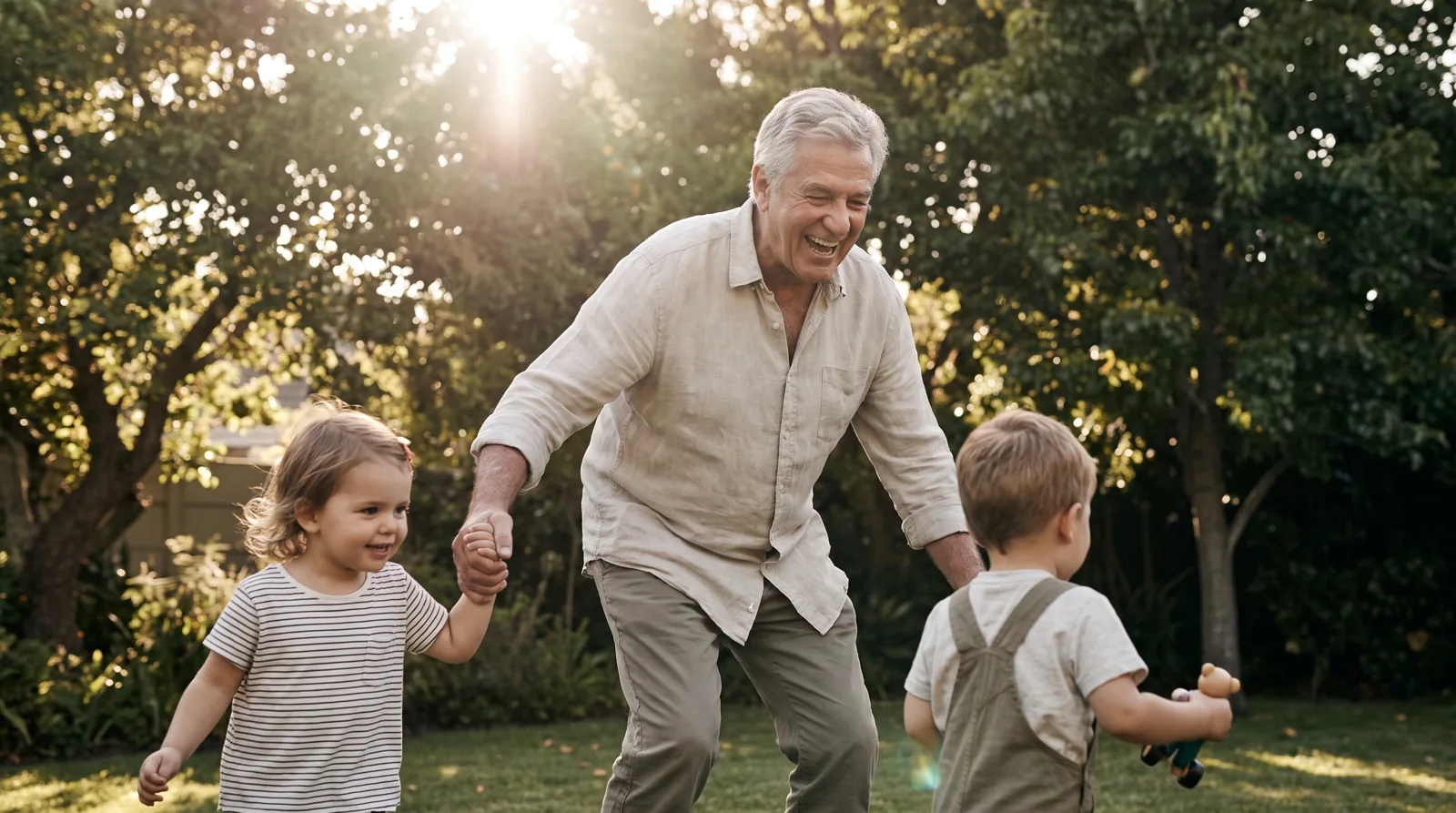 Grandparent playing with grandchildren in a backyard