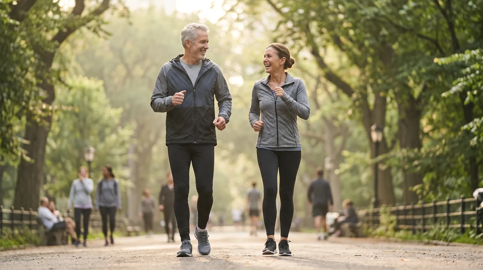 Couple power-walking through a park