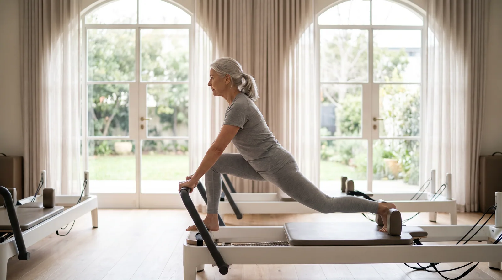 Active senior on a pilates reformer