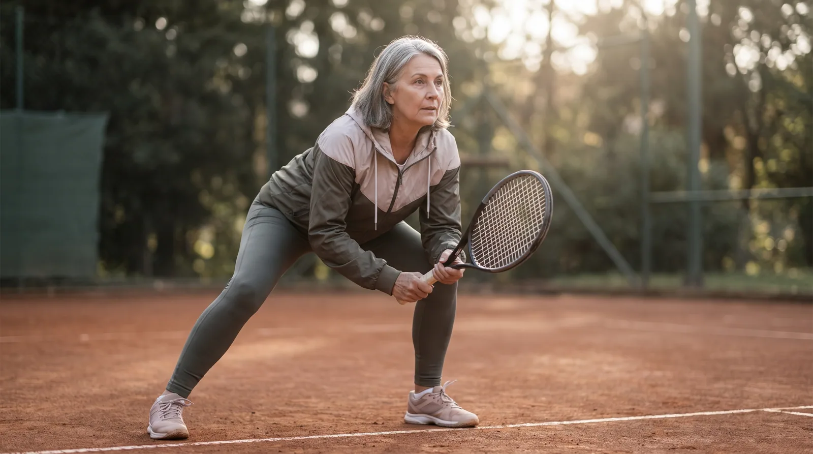 Tennis ready position at the baseline