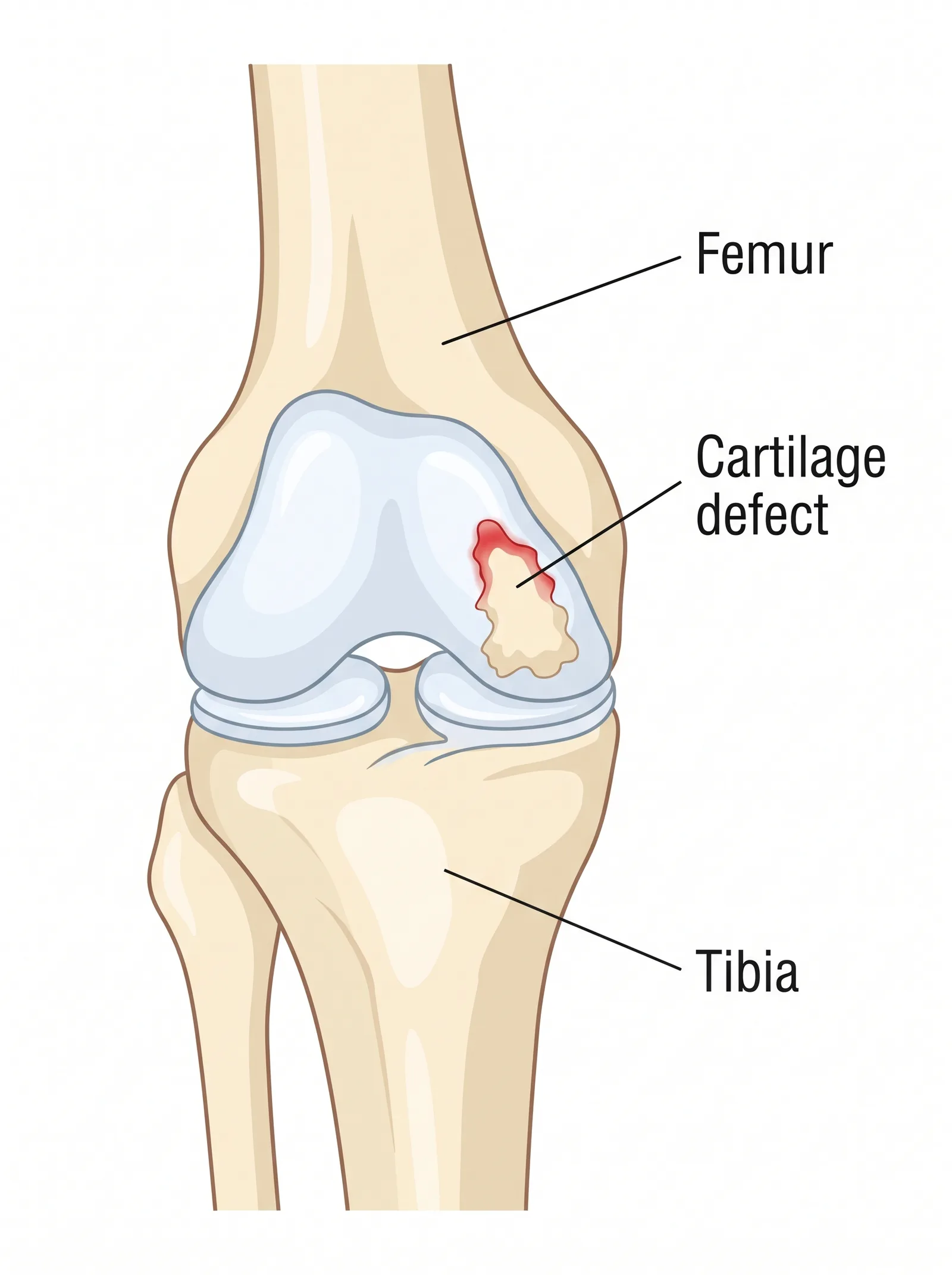 Labeled medical illustration of cartilage defect