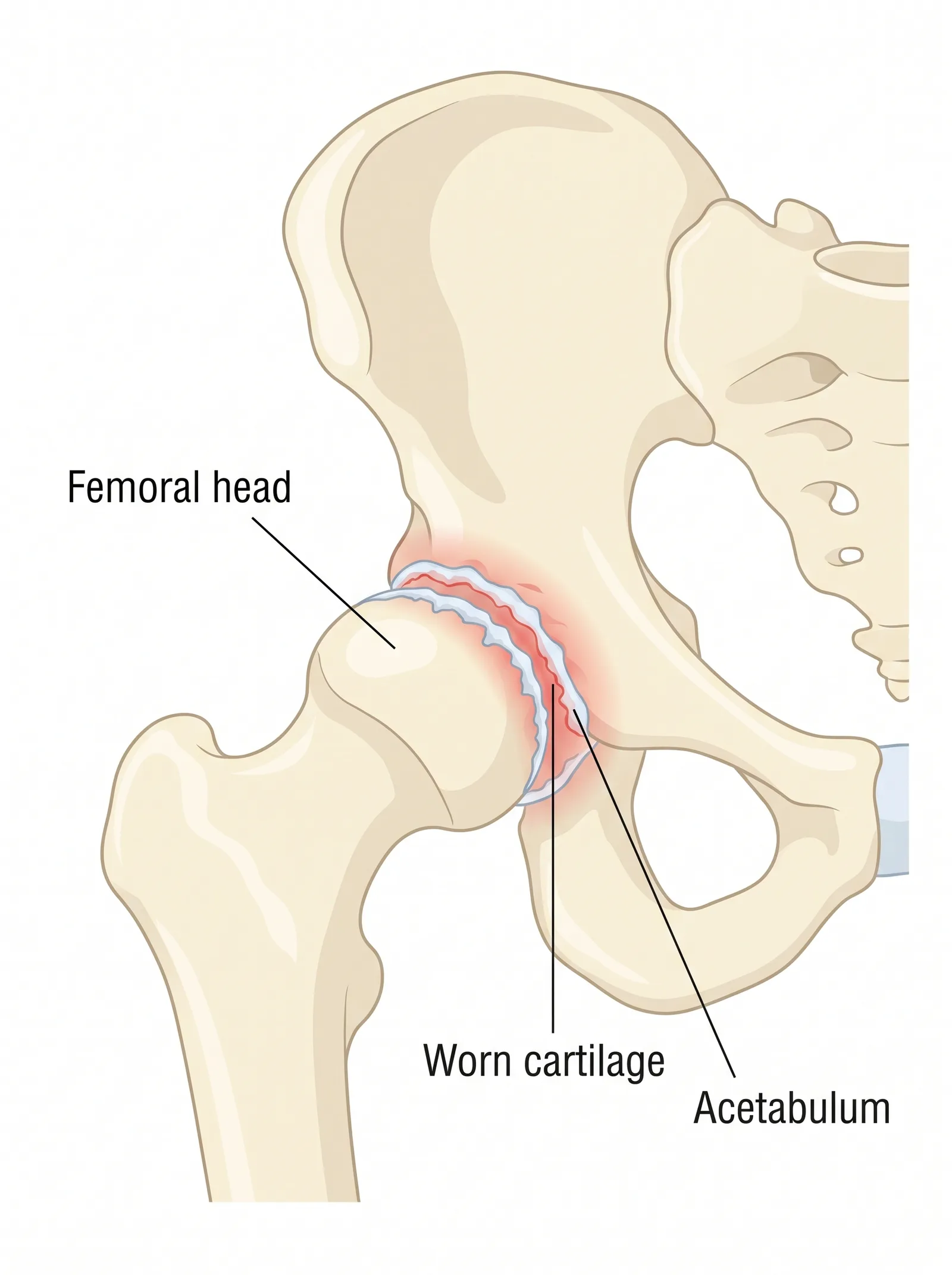 Labeled medical illustration of hip osteoarthritis