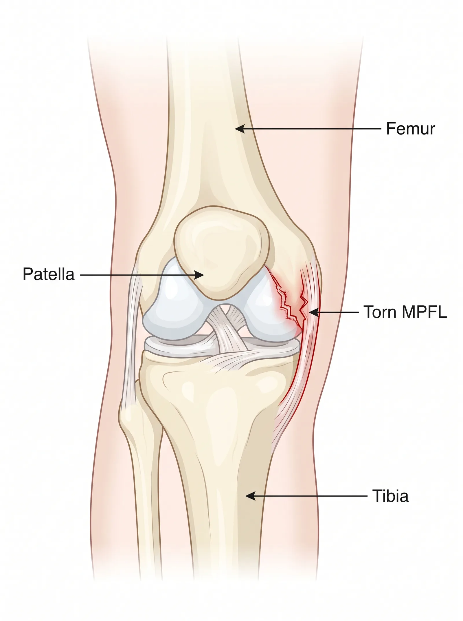Labeled medical illustration of kneecap patellar instability