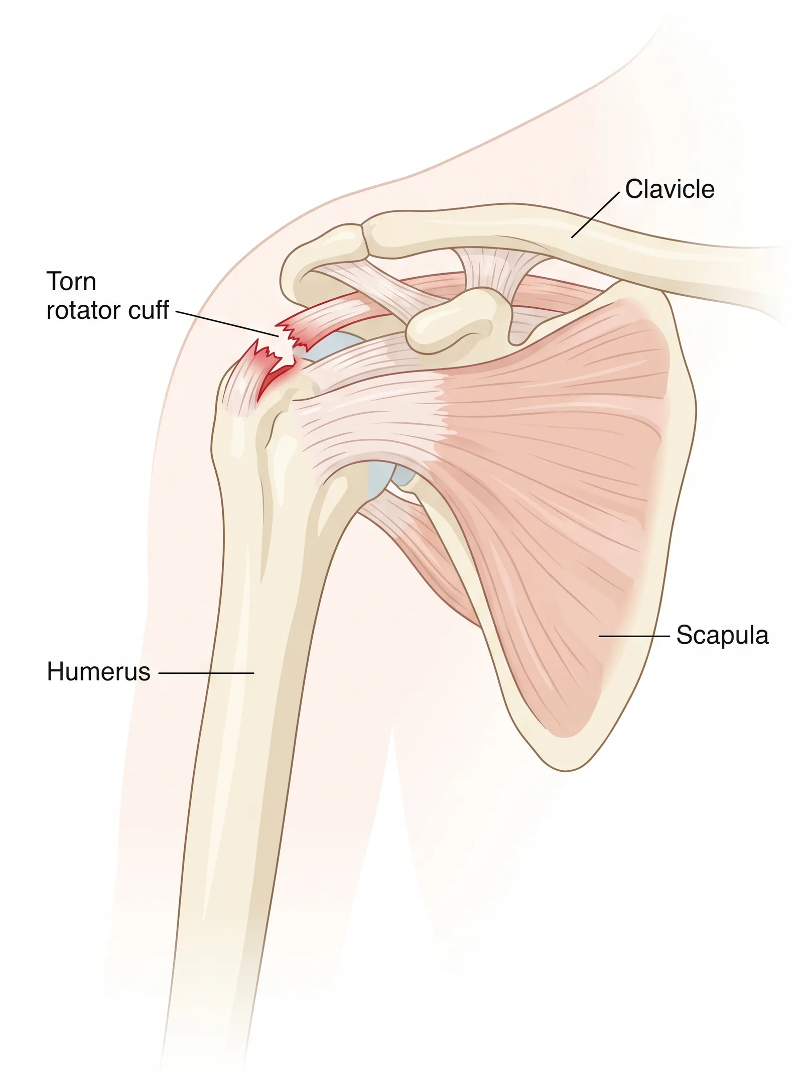 Labeled medical illustration of rotator cuff tear